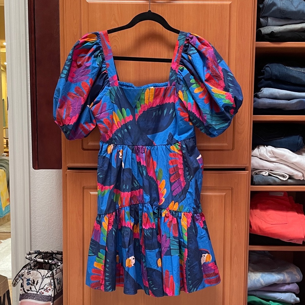 FARM Rio Blue and Red Puff Sleeve Mini Dress